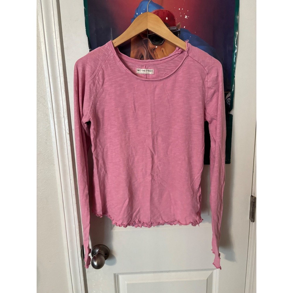 We The Free Free People Pink Slub Knit Lettuce Edge Long Sleeve Top Size L